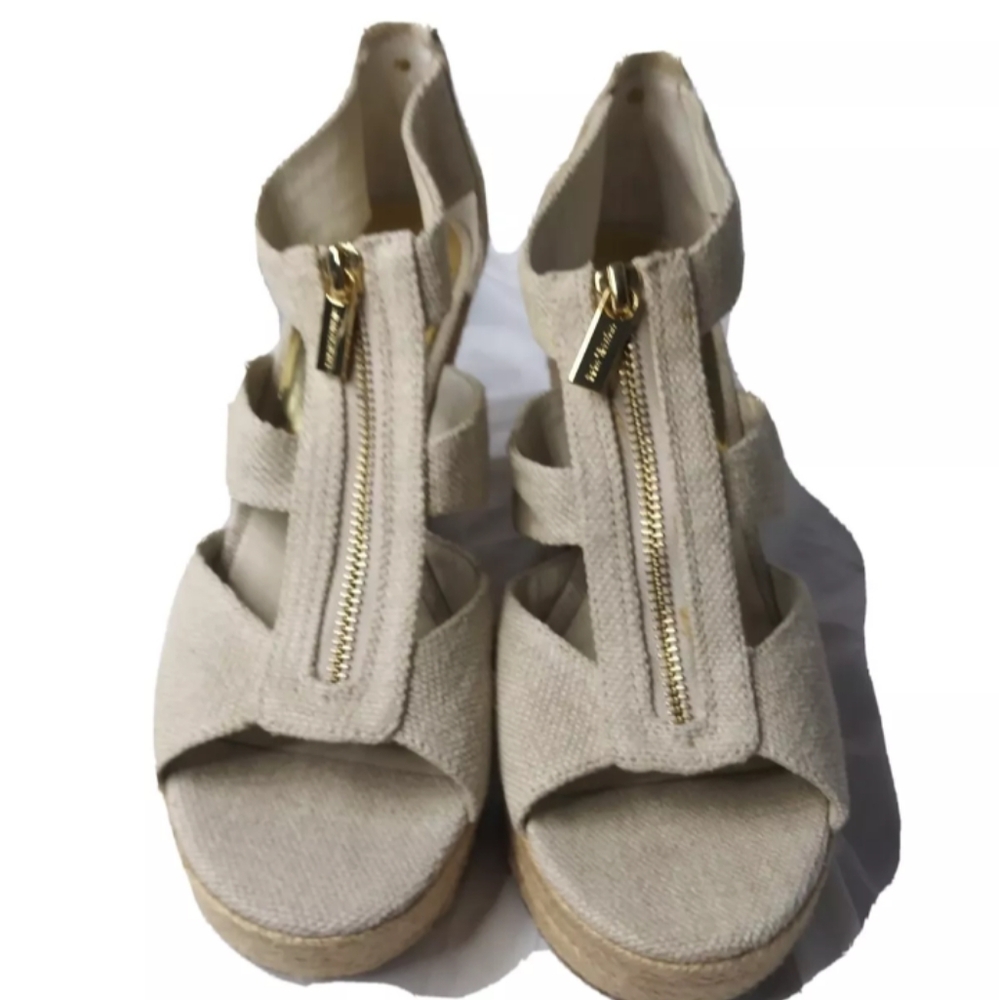 Michael Kors Damita Wedge Shoes Size 9.5M Khaki Heels Gold Zip Accent - Picture 7 of 11